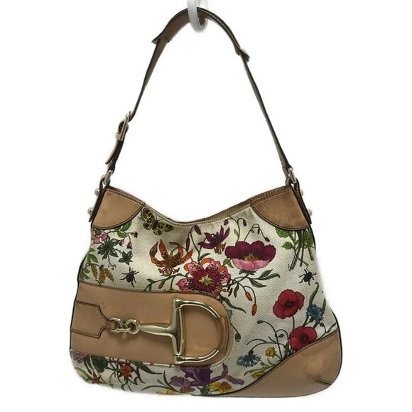 Auth GUCCI Flora,Hustler bit 137388 Cream Light Brown Multi Canvas Leather - Picture 1 of 10